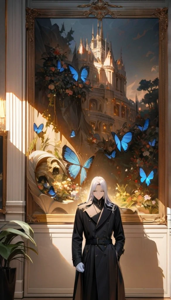 (masterpiece:1.5),best quality,(1 Handsome man),alone,white long length hair,(yellow eyes), (A soft smile),elegant,perfect face,Long black trench coat,white and blue cloth,white leather gloves,white lining,Slightly muscular body,High,8K,Beautiful contrast of light and shadow,Dark luxury background,(complete upper body),Positive face,luxury screen,Standing in front of the historical oil painting,(Luxurious castle hall),Living room,book,plant,oil painting,((many butterflies)),Museum,many flowers,(cross jewelry)