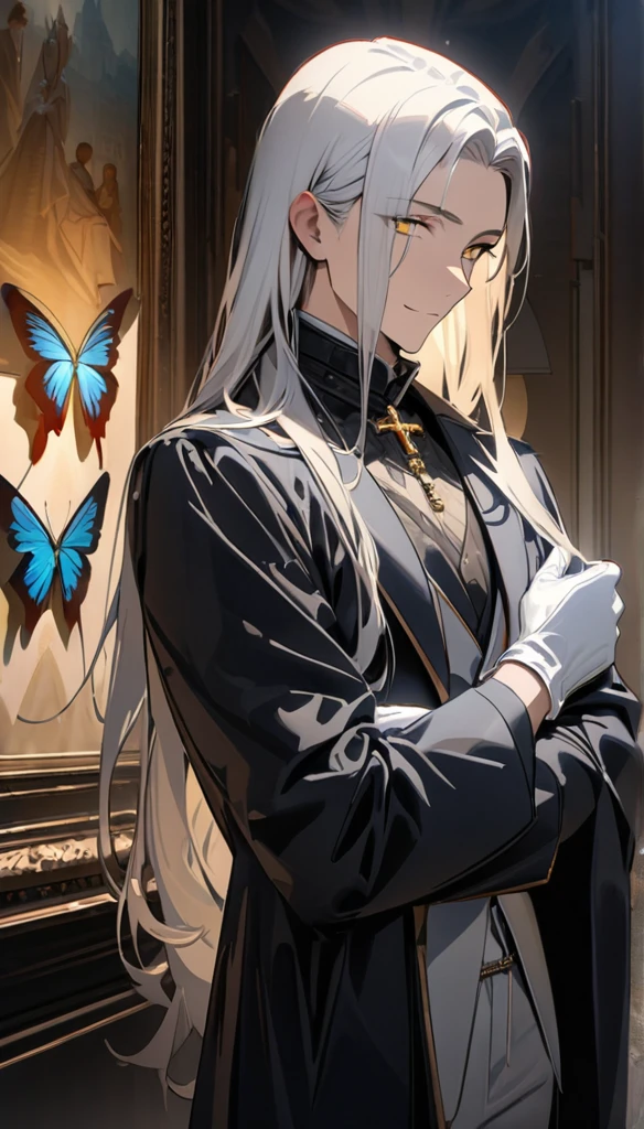 (masterpiece:1.5)，best quality，(1 Handsome man)，alone，white long length hair，(yellow eyes), (A soft smile)，elegant，perfect face，Long black trench coat，white and blue cloth，white leather gloves，white lining，Slightly muscular body，High，8K，Beautiful contrast of light and shadow，Dark luxury background，(complete upper body)，Positive face，luxury screen，Standing in front of the historical oil painting，(Luxurious castle hall)，Living room，book，plant，oil painting，((many butterflies))，Museum，many flowers，(cross jewelry)