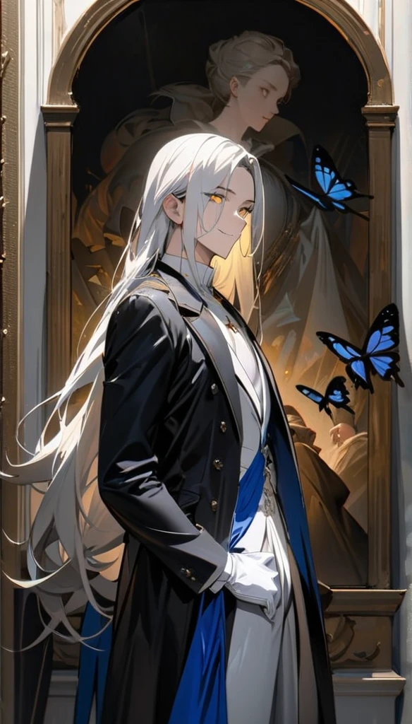 (masterpiece:1.5)，best quality，(1 Handsome man)，alone，white long length hair，(yellow eyes), (A soft smile)，elegant，perfect face，Long black trench coat，white and blue cloth，white leather gloves，white lining，Slightly muscular body，High，8K，Beautiful contrast of light and shadow，Dark luxury background，(complete upper body)，Positive face，luxury screen，Standing in front of the historical oil painting，(Luxurious castle hall)，Living room，book，plant，oil painting，((many butterflies))，Museum，many flowers，(cross jewelry)