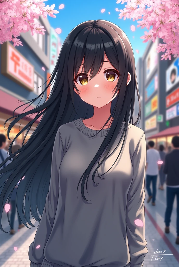 Female anime character black hair brown eyes gray sweater
