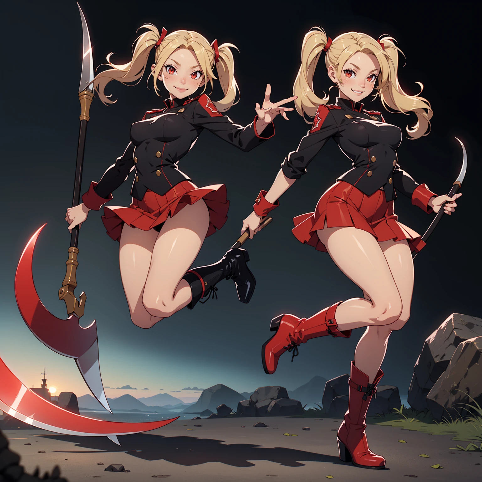Very detailed, smiling facial expression, figure, full body view, small breasts, blonde hair with twintails, red eyes, looking at viewer, black and red uniform, skirt, black boots, holding scythe, jumping.
