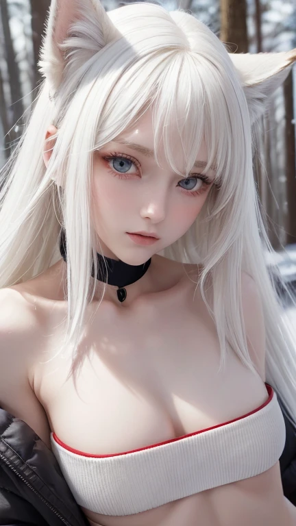 One person　Russia　(Flat Chest:1.5)(Slim body:1.5)　snow　forest（Down coat:1） sit　sweater　whole body　beauty　High resolution　High precision　（White Hair:2）　　Red eyes　Detailed face　（Wolf Cut）　Trim your bangs　Wolf ears　　(Wolf&#39;s Tail:1.5)　 Young face　Slender figure　(White hood)　Body hair　(I wear clothes)　Hair that hides the ears　Don&#39;t stick your ears out　Long skirt