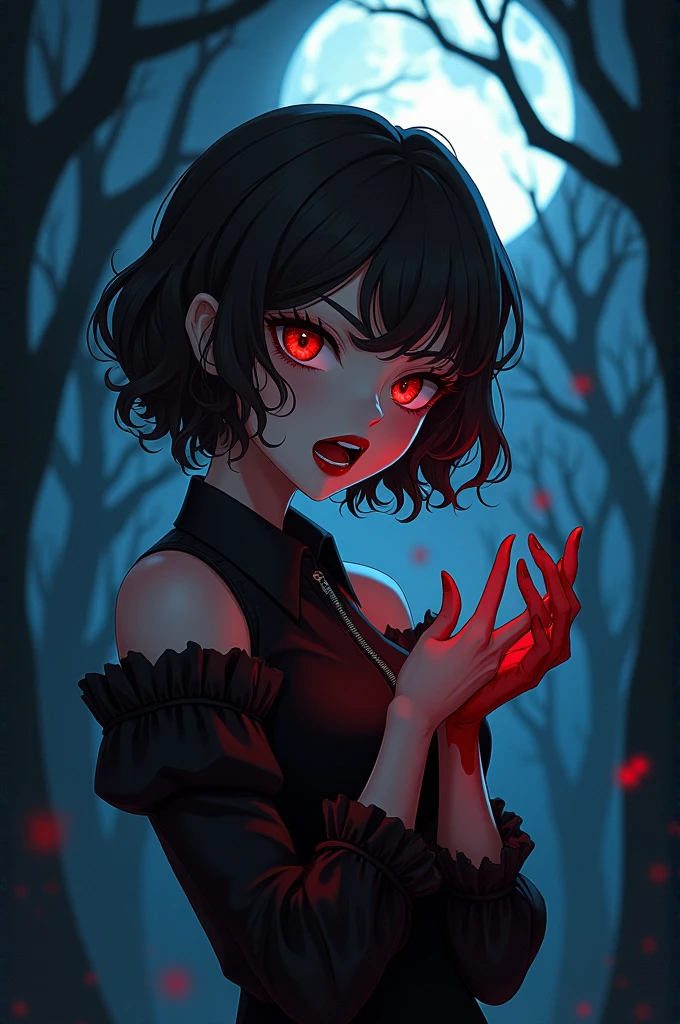 (Masterpiece, Best Quality: 1.2) 45 degrees side view, tilted sideways towards the camera. "Beautiful vampire girl, blood on her mouth, on her body, short hair, torn clothes, one hand covering her chest, the other pointing forward. Sexy vampire girl, sexy anime style, charming, attractive, big breasts." Scary castle background with other ghosts around, in the style of a top portrait painter.