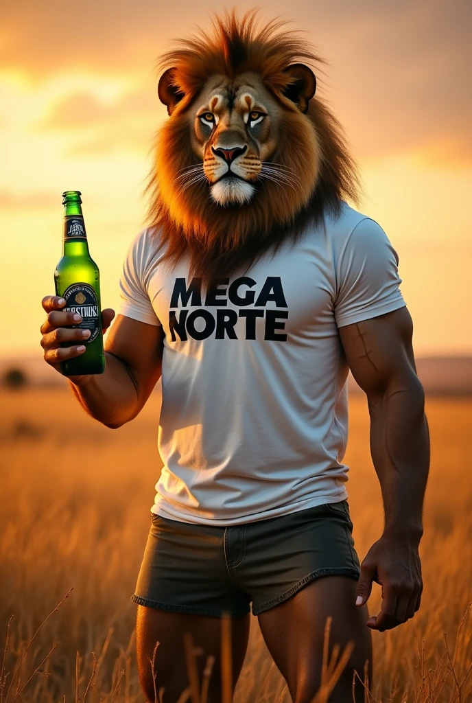 Create a muscular lion mascot with a mean face, big beard and white t-shirt with MEGA NORTE written on it and a Stella Artois beer in hand