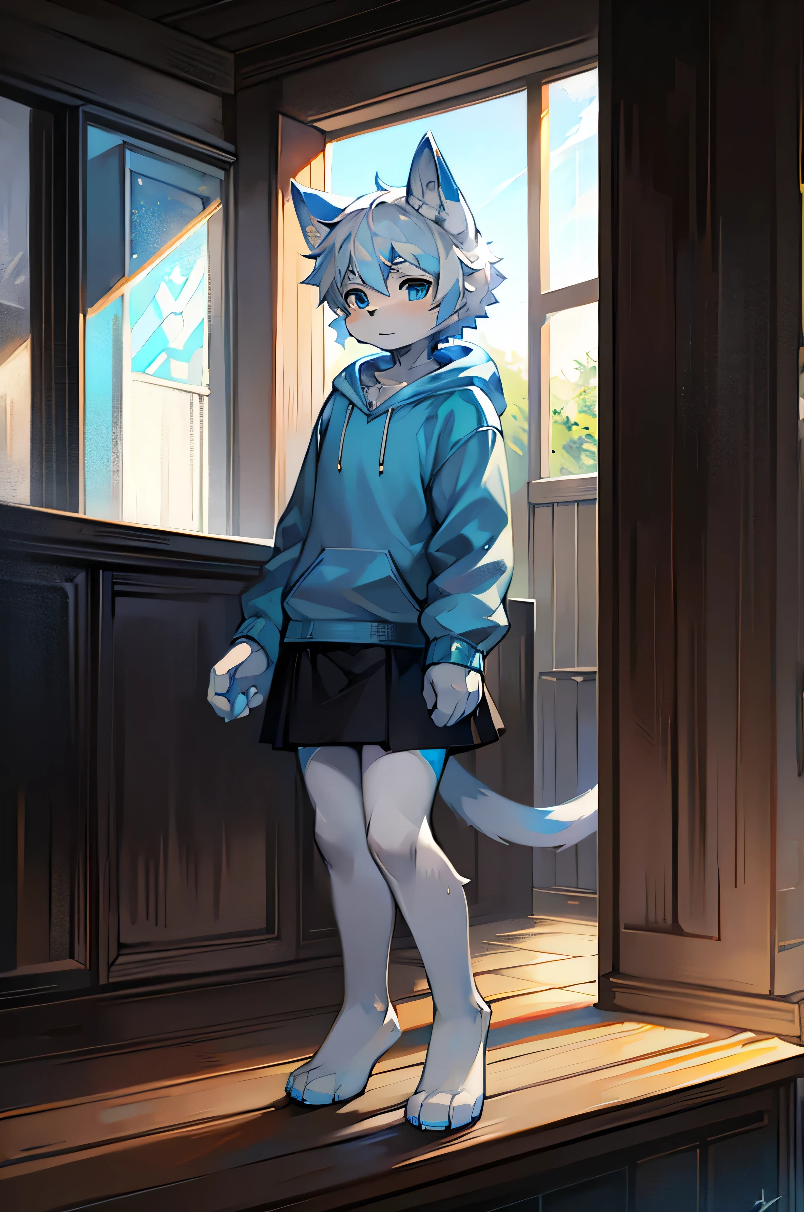 Furry, Anime furry, anthro male cat, light blue and white fur, short white hair, solo, blue sweatshirt, full body character, anime style character, digital painting, black skirt