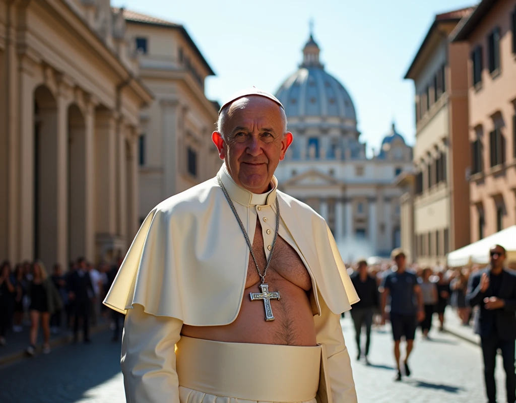 Pope Francis of the Vatican in an Adidas crop top, that her navel is visible, stopped, with the pizza tower in the background, posing in the street