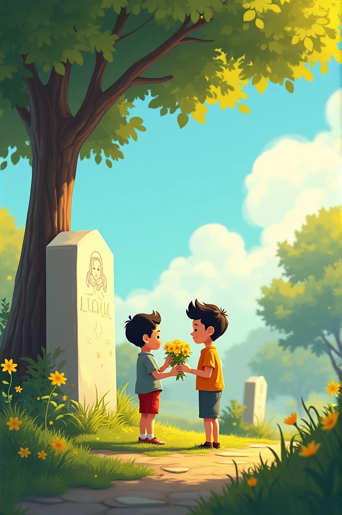 I create an image of the following scene:El día del cumpleaños de su mother, Tomás and his father visit his grave. They carry flowers and a small drawing of the star that Tomás made for her.. While they are there, Thomas feels the same gentle wind as before, and whispers to the grave: "I love you, mother". At that moment, feel a peace you&#39;ve never felt before.