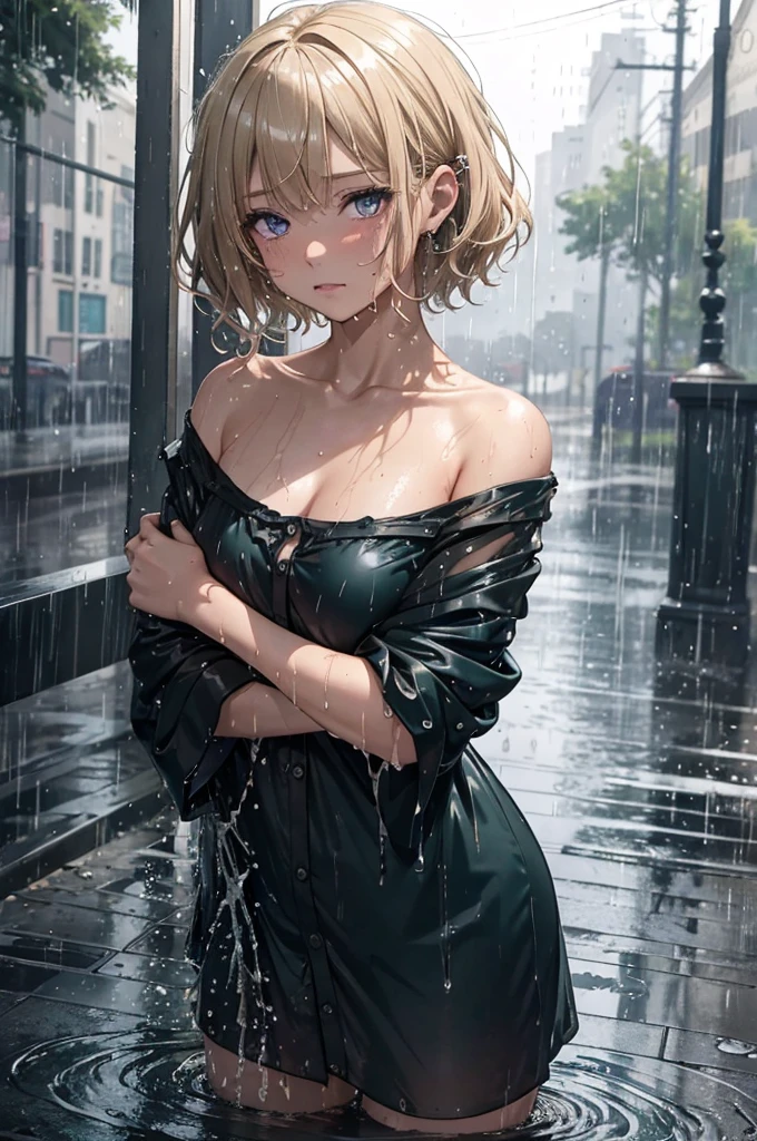 Highly detailed, extreme detail, amazing art), Raning, heavy rain, dark, midnight, 1girl, soaking wet drenched, wearing nothing but a pyjama shirt, shirt caramel-blonde hair, gorgeous purple eyes, depressed, soaking wet hair, hair sticking to her face, heavy rain, thunderstorm, teal pyjama top, naked, nude, petit chest, very short hair,  