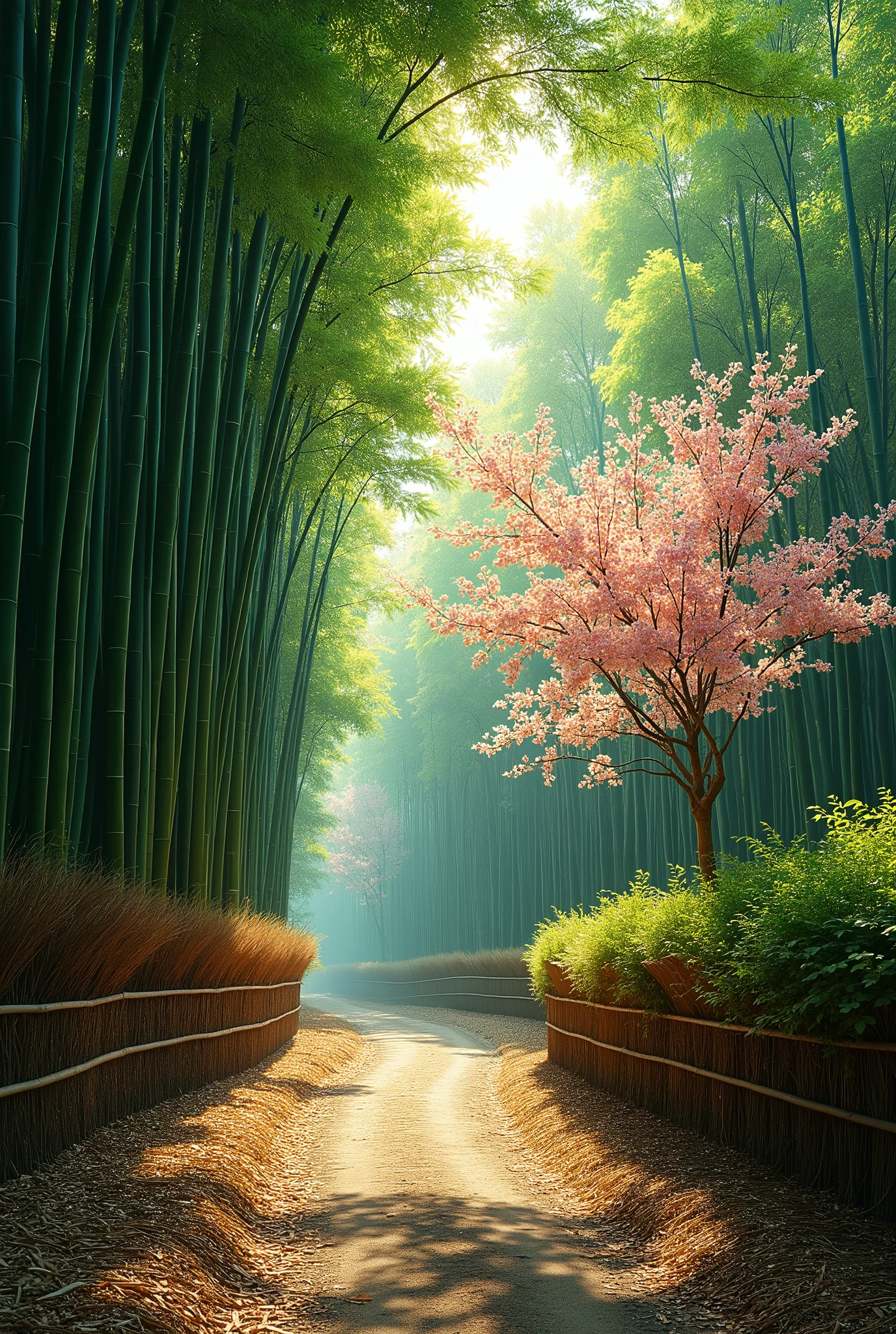 pine needles and trees, (bamboo forest), Japanese apricot blossoms and trees,