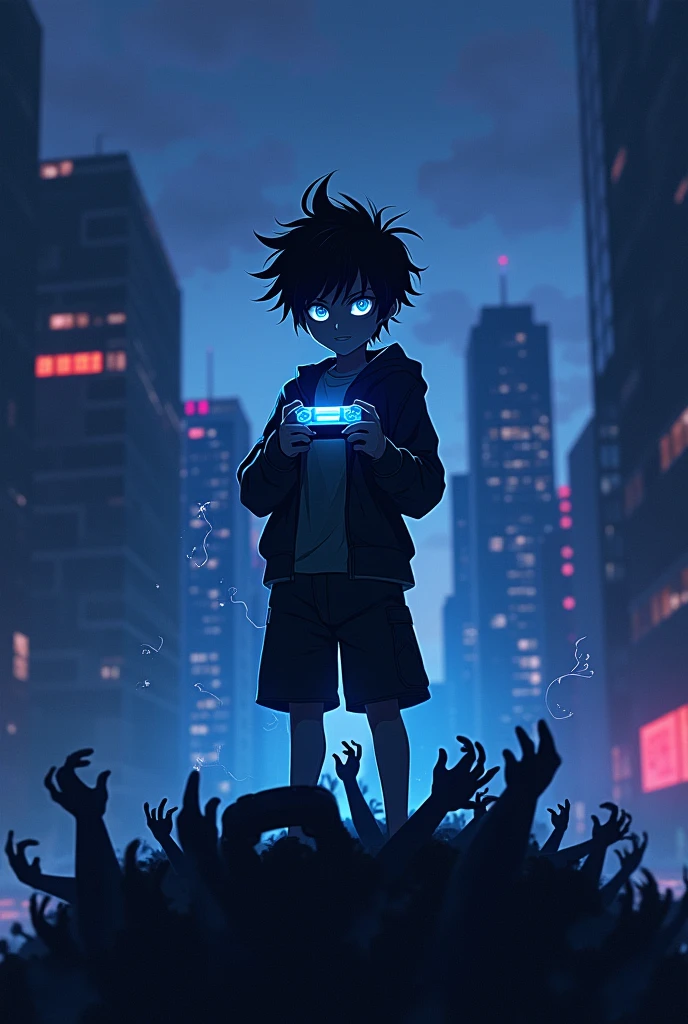 A shadow  boy holding a PlayStation 5 controller ,anime style, while standing on a while standing on a shadow people