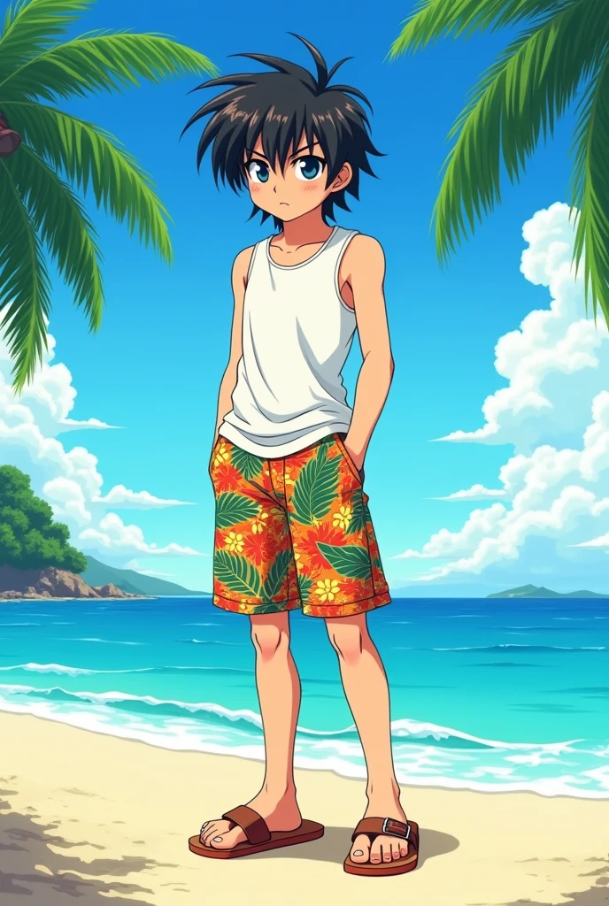 a teenager boy with long bangs, a sleeveless shirt, Hawaiian shorts, sandals and a watch on his wrist, serious face, 90's anime style 