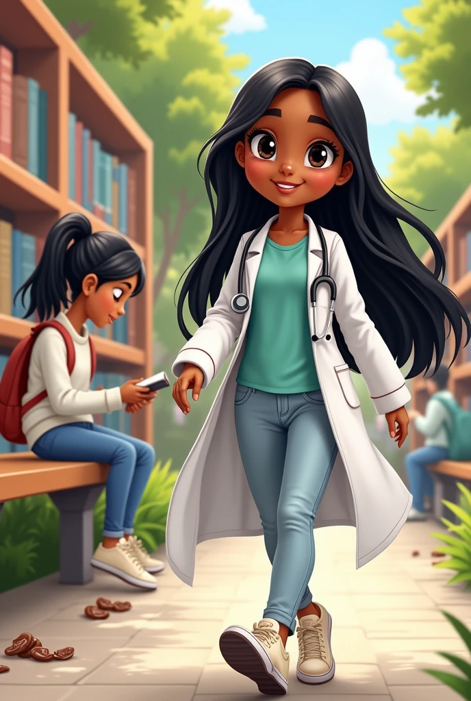 Believe me, a cartoon girl dressed as a doctor walking horizontally was on the right and behind her a girl studying with light jeans and a white sweater, cream Adidas sneakers and a cream backpack with chocolate , both with these characteristics: straight black hair, cinnamon skin Background in a university
