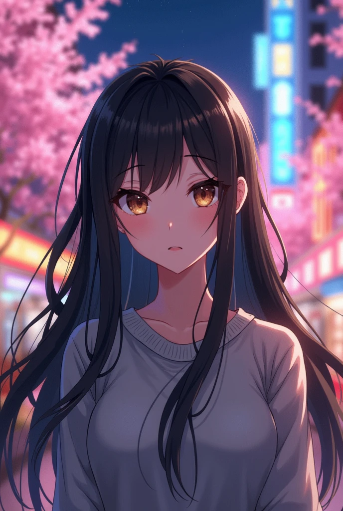 female anime character black hair brown eyes gray sweater