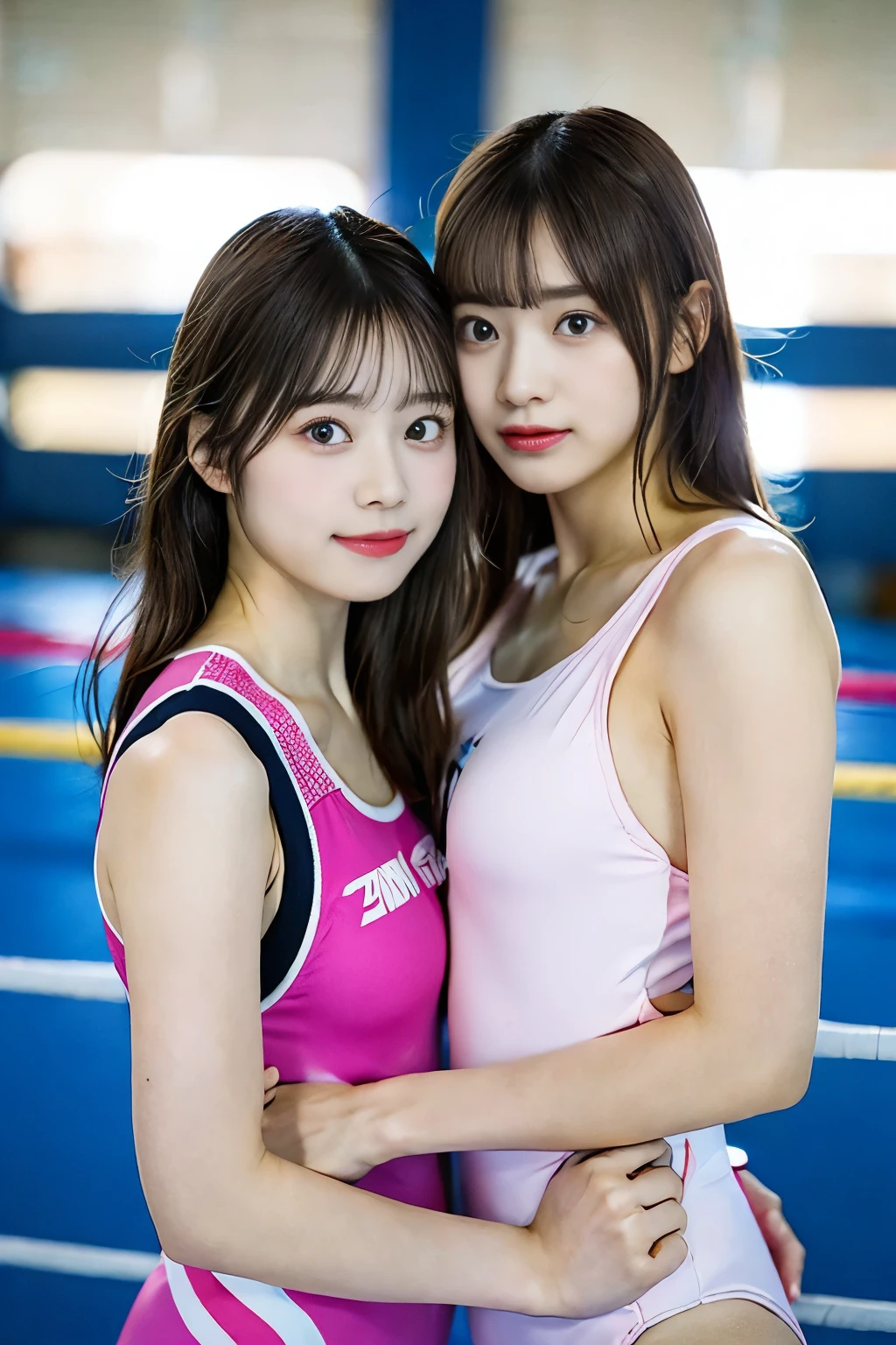 Two cute girls with perfect figures,Finding,Highly detailed face and skin, Detailed eyes, double eyelid,Professional wrestling matches.,(upon,,Very small breasts,Pink one piece swimsuit,Wrestling boots),(upon,,Very small breasts,White one piece swimsuit,Wrestling boots),プロレスのリングupon,Camel Clutch,Nogizaka46