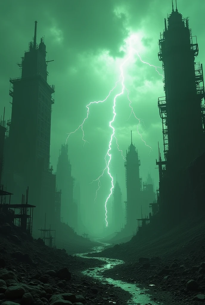 AN ALIEN PLANET WHOSE CIVILIZATION HAS DISAPPEARED, LEAVING ONLY THE RUINS OF A CITY: THE BUILDINGS ARE TALL IRON TOWERS, THE SKY IS GREENISH AND THE CLOUDS ARE THICK, with lightning and thunder. dystopian scenario, ruins. ULTRA D HIGH DEFINITION IMAGE, 4K 