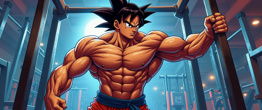 (Detailed illustration, underwear, dragon ball Z, Exercise, gym, gym de culturismo, Whole body), (oil painting, sketch), (muscular, athletic, fit, intense training), (sweating, exhausted, Exercise), (energetic , Dynamic), (colorful, Vibrant, contrast), (Bright and vivid lighting)