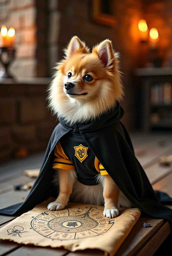 Beige German Spitz dog at Hogwarts wearing black cloak and Hufflepuff house uniform sitting next to Marauder&#39;s Map