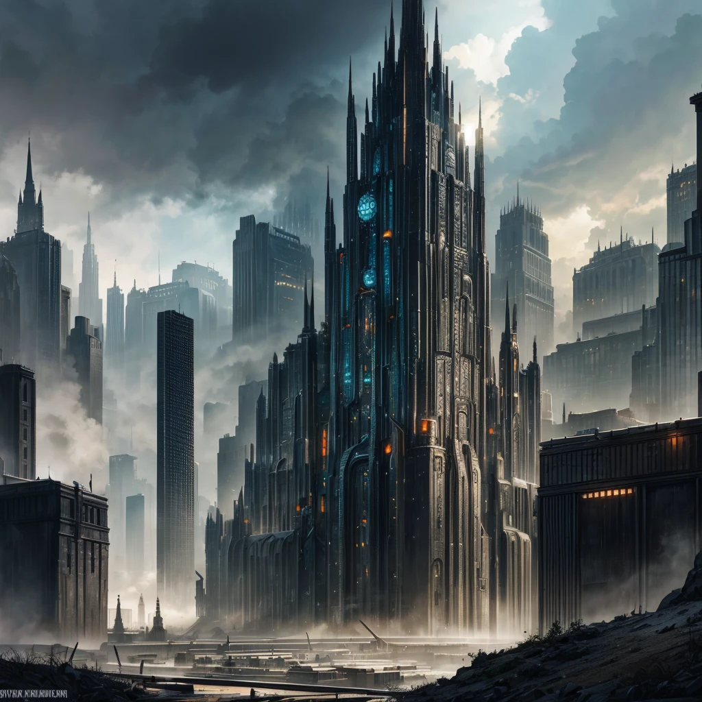 Landscape view of a metropolis city in dieselpunk style made of black metal in black dieselpunk style and from the 1947s with buildings of different shapes 