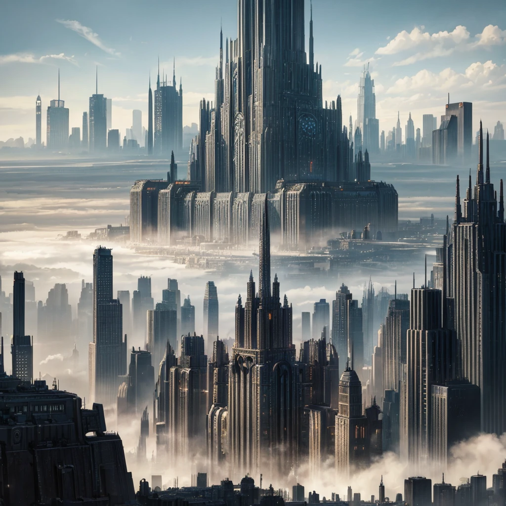 Landscape view of a metropolis city in dieselpunk style made of black metal in black dieselpunk style and from the 1947s with buildings of different shapes 