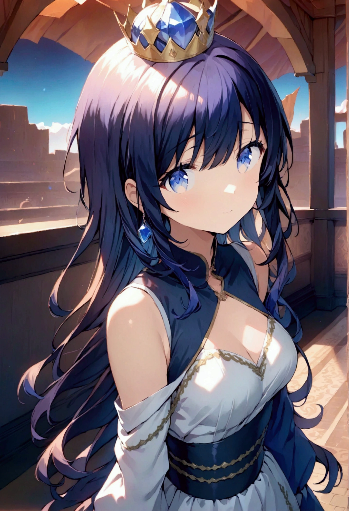 Cute anime girl with dark blue hair, fading into indigo, dark blue eyes, wearing a blue dress with sapphire jewellery (including a sapphire crown on her head), best quality, 