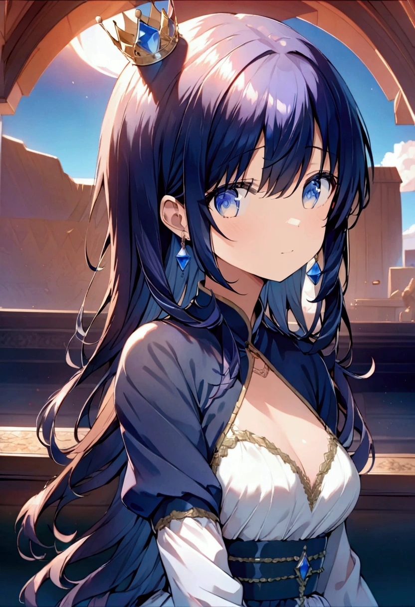 Cute anime girl with dark blue hair, fading into indigo, dark blue eyes, wearing a blue dress with sapphire jewellery (including a sapphire crown on her head), best quality,