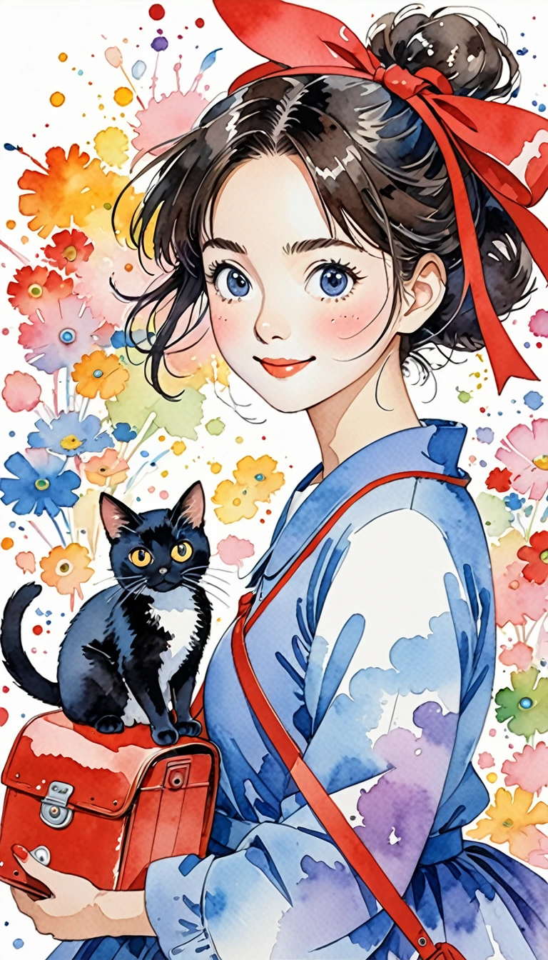 Takashi Murakami Style、(((conservative fashion))), 8K Quality、Intense watercolor, Detailed watercolor art, Watercolor splash, Surreal, avant-garde pop art, Beautiful and expressive paintings, Beautiful artwork illustration, Very colorful tones, wonderful, Cool beauty, highest quality、Official Art, Vector art, Stylish design, (((Kiki's Delivery Service1.9))),(((Studio Ghibli))),(((The most beautiful smiling girl on a broom with very large red ribbon on her head1.4))),navy dress, (((flying))),(((highest quality))), HDR, ((detailed)), (((Doodle Art)), ((masterpiece)), ((Super detailed)), (((Stylish))), small black cat,