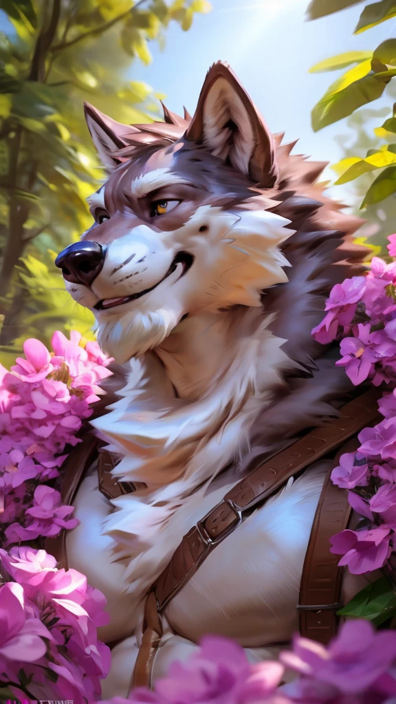 digital painting/artwork,by Pino Daeni,by chunie,by chicobo,by taran fiddler,by nullghost,by rossciaco,by takemoto arashi,by nviek5,maximun quality generation+++,OverallDetail hyper composition+++,natural lighting+++,8k+++,ambient occlusion+++,male body enhance+++,correct male face+++,male body,raytracing+++,one individuals,straight lineart,Refine Art+++,Enhance Composition+++,Improve Framing+++,Optimize Lighting+++,Enhance Resolution+++,Elevate Visual Quality+++,Perfect Details+++,Polish Aesthetics+++,Enhance Clarity+++,Enrich Colors+++,bloom+++,enhance male face details+++,sunlight contrast, wolf male face, intense expressive eyes, thick arched eyebrows, well-defined lips, prominent straight nose, slightly flared nostrils, great-sized ears, styled hair, well-groomed beard, smooth skin fur texture, strong jawline, subtle smile, cute expression, detailed facial features, slightly wrinkled forehead, balanced proportions, natural shading,fluffy neck,cute expressions, flowers