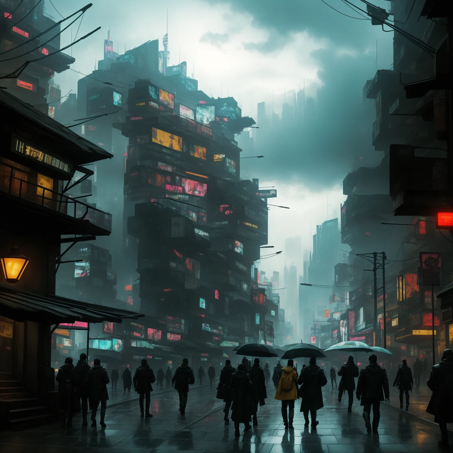 People walking along a city street with umbrellas in the rain, Busy cyberpunk metropolis, Dystopian digital concept art, 공상과학 Cyberpunk city streets, cyberpunk street, Surreal cyberpunk city, A terrifying cyberpunk city, Cyberpunk city streets, Rainy cyberpunk city, Dirty cyberpunk city, urban concept art, Cyberpunk Blade Runner Art, Dystopian cyberpunk city, Cyberpunk concept art, Cyberpunk apocalyptic city