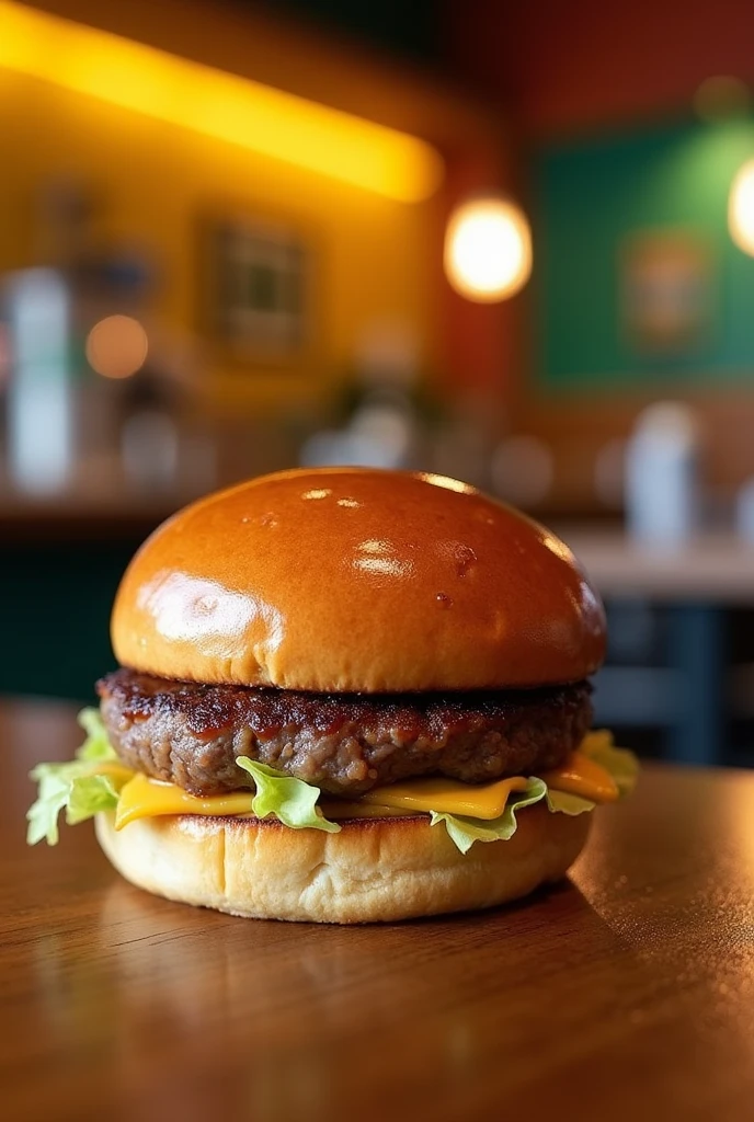 Create an image with a burger to sell at a burger joint called rock donalds com.brioche bread plain bread without , with nothing on top of it and no pickles no double burger , very realistic to sell on Monday