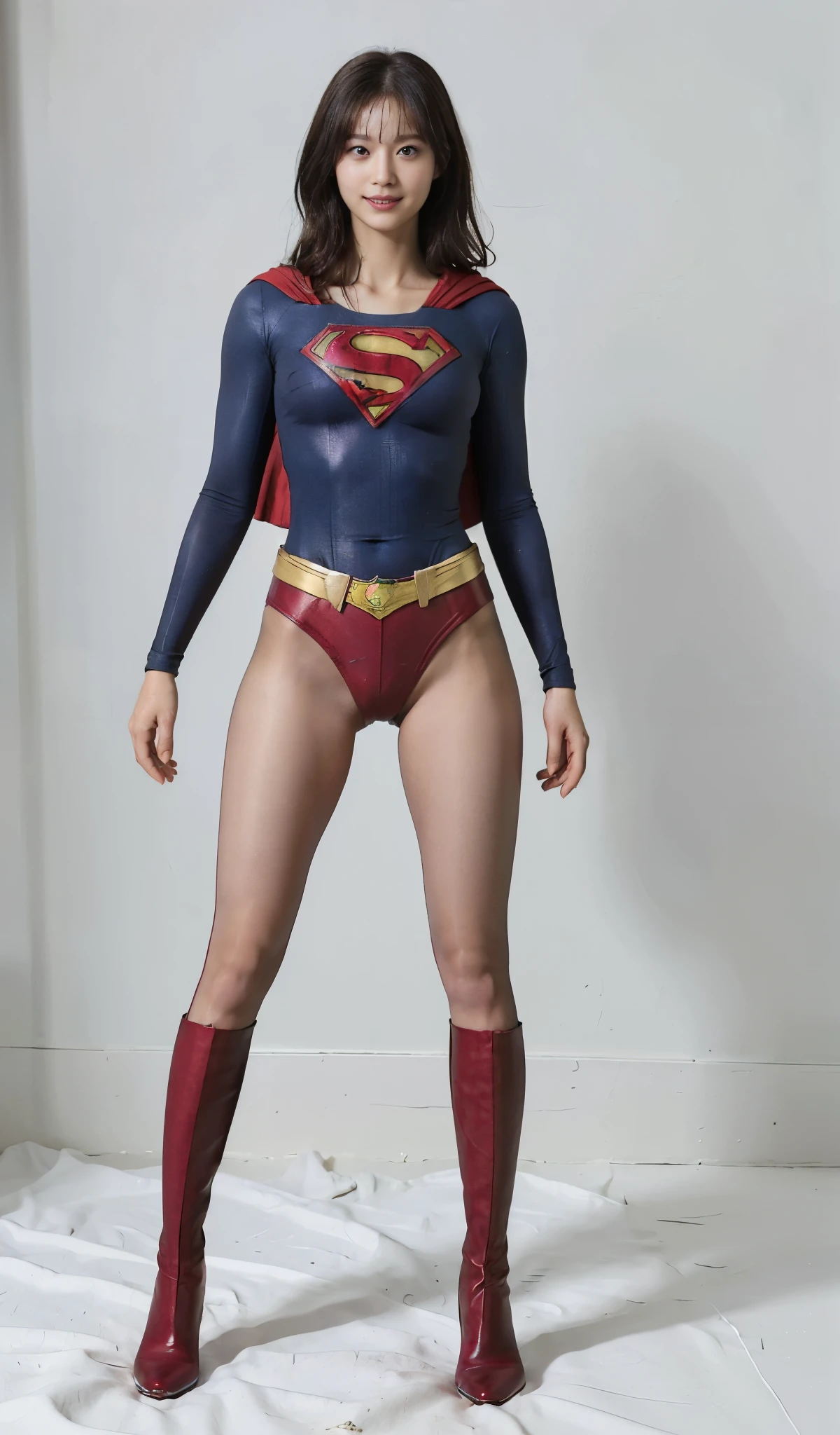 No background、(((Beautiful legs in black tights.)))、(((Legally express the beauty of your smile)))、((((Make the most of your original images)))、(((Supergirl Costume)))、(((Beautiful Hair)))、(((suffering)))、(((Please wear black tights....、Wear red boots)))、((Best image quality、8k))、((Highest quality、8k、masterpiece:1.3))、(((Preserve background )))、Sharp focus:1.2、Beautiful woman with perfect figure:1.4、Slim Abs:1.2、Wet body:1.5、Highly detailed face and skin texture、8k