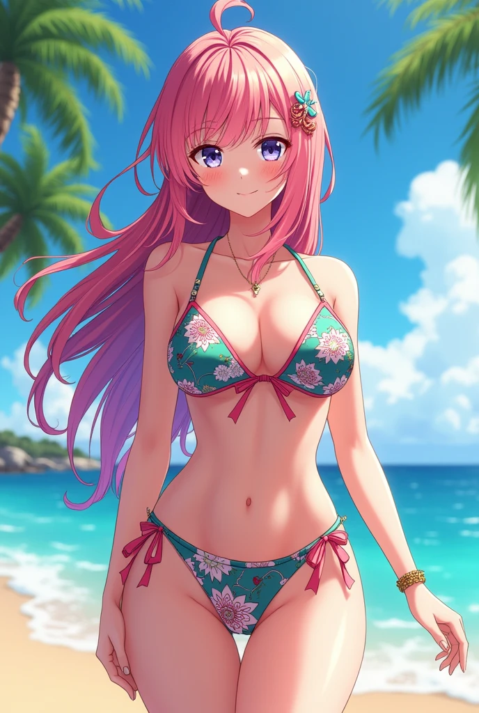 Hot anime girl with beachwear, big boobs, very big and realistic 
