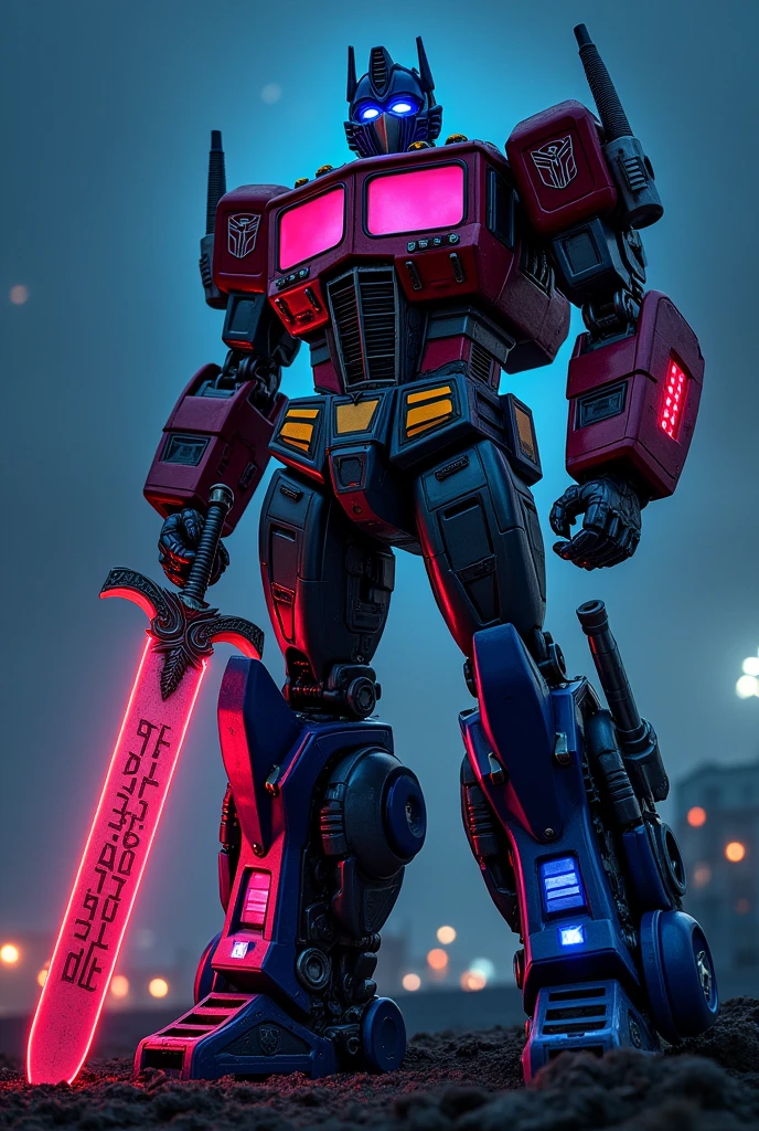 Optimus prime standard in dark night wearing a dark black suit with neon light holding a sword on which written you can do this wallpaper