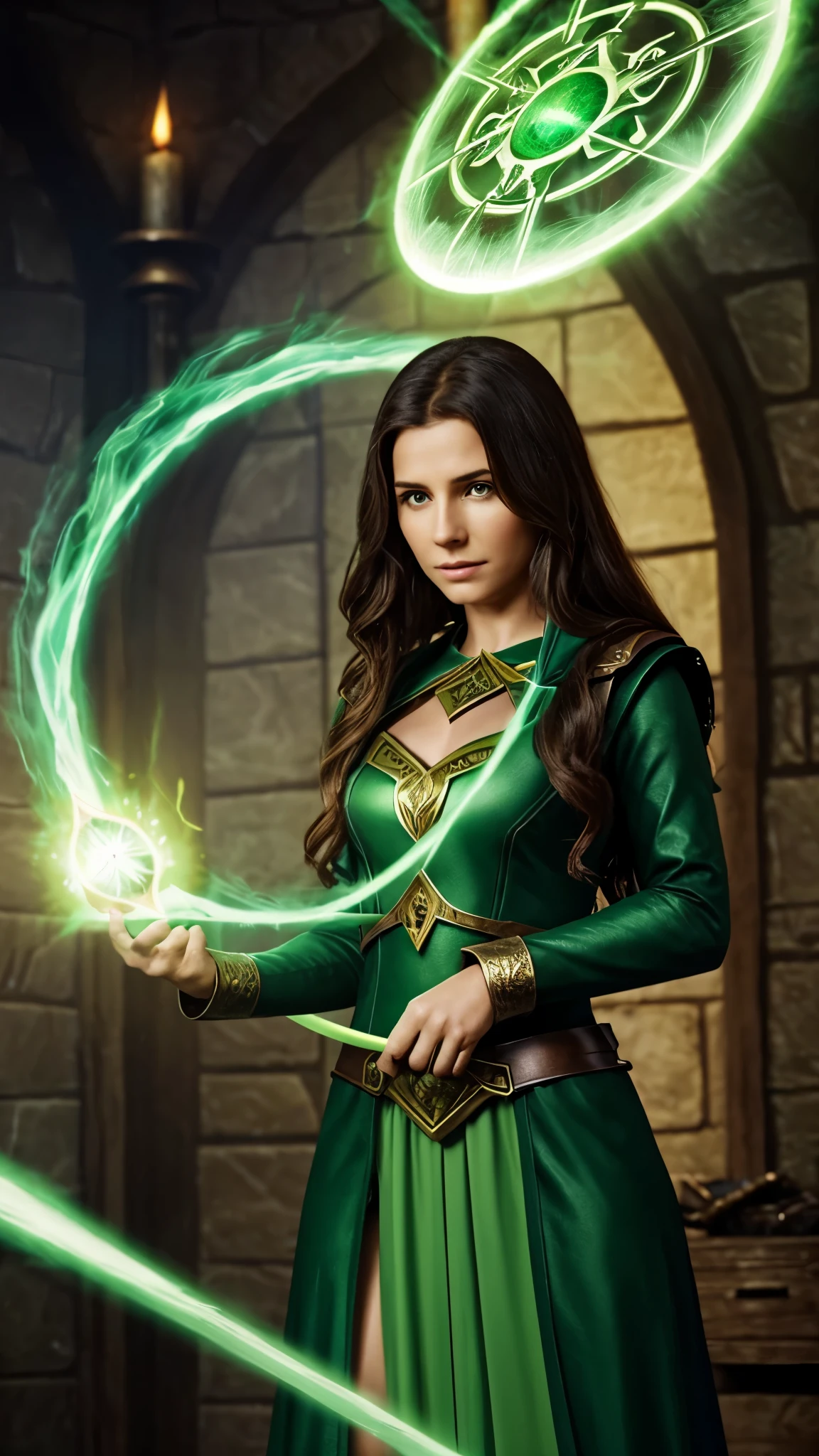 A powerful spell that creates a magical protective barrier., A woman who uses green magic to summon a magical shield is perfect for a fantasy world..