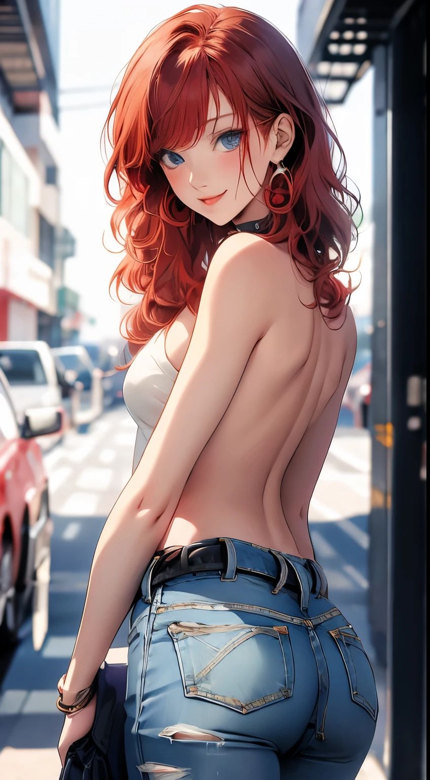 masterpiece, highest quality, pixiv, cooles Girl, topless, Lips in love, Red hair, curly Red hair, blunt bangs, straight bangs, pony tail, blue eyes, tanned skin, Girl, improve,Look at the viewer, smile, sexly, seductive, slutty, Ass POV,
