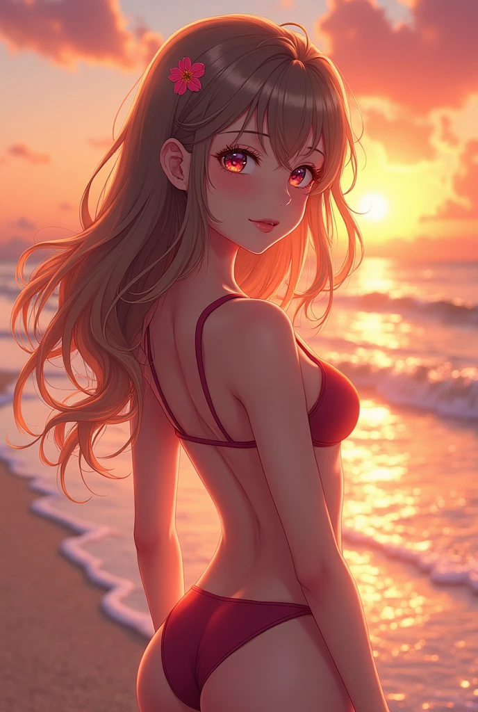 1girl, anime girl, bikini, beach, ocean, sunset, detailed face, beautiful detailed eyes, beautiful detailed lips, long eyelashes, detailed skin, detailed hair, flowing hair, colorful, vivid colors, cinematic lighting, dramatic lighting, photorealistic, 8k, highly detailed, intricate details, masterpiece
