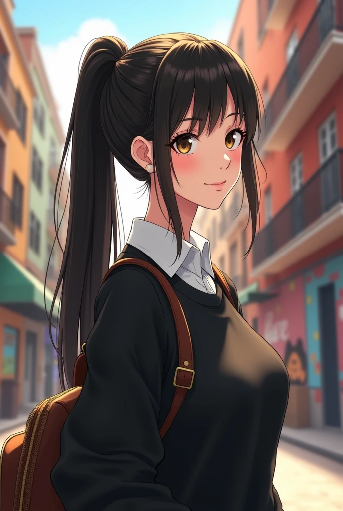 Animated image of a white woman With long, straight black hair wearing a ponytail With small eyes Carrying a backpack and a white shirt with a collar Wearing a black sweatshirt 