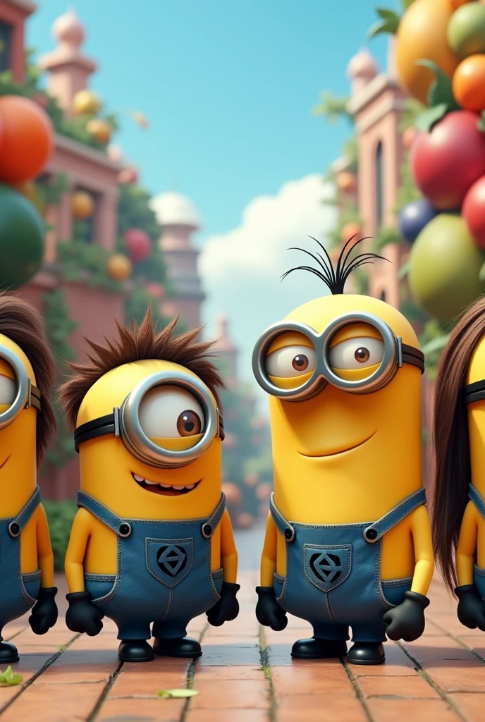 Four muscular minion, one with short, messy dark brown hair, another with long wavy brown hair, another with long straight brown hair and another with long black brown hair. That they are super muscular and have a big ass