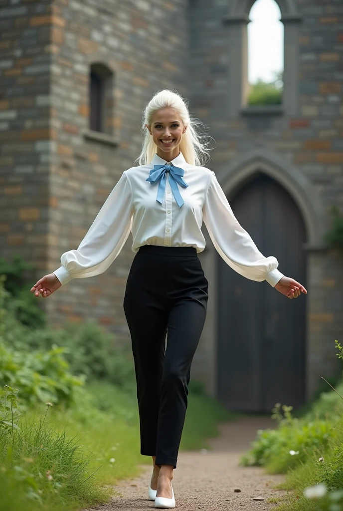 Beautiful woman, perfect physique, white social blouse, black long pants, white social shoes, white hair in ponytail, silver eyes, slim appearance, elegant, with arms outstretched, light blue bow tie, smiling look, landscape of the old castle, walking.