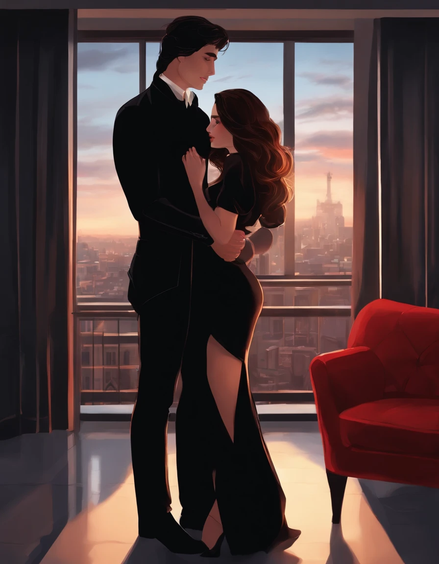 Young girl dressed in a sexy black dress, being held by the waist by a red-eyed boy, black hair, dressed in a black shirt with sleeves. While they are in a luxurious apartment and look out the giant window at night