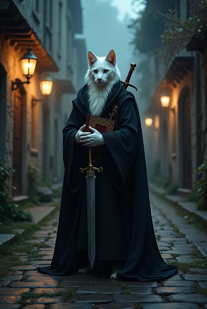 Small 45 year old man with white fur in a black robe with a grimoire in his hand on a desolate street with a sword on his back