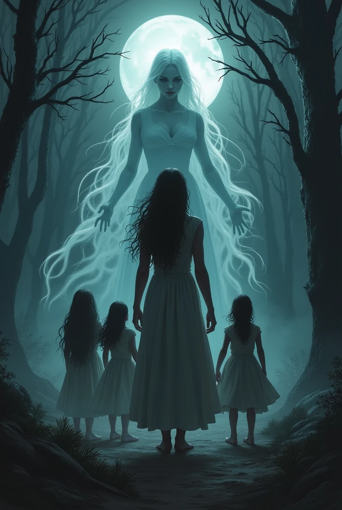 Give me an image of a mother with 4 children being attacked by a spirit