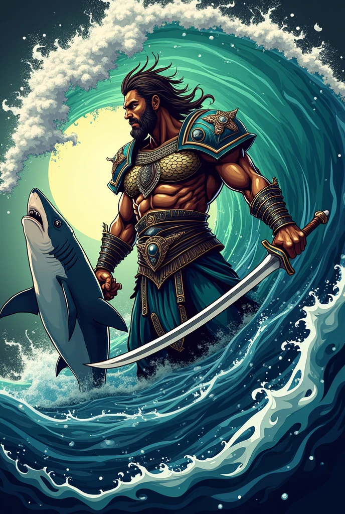 Logo of mythological man taming a shark and swordfish