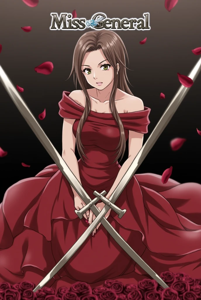 Put a title that says  "Miss General", with two swords crossed behind the title, with petals of falling blood