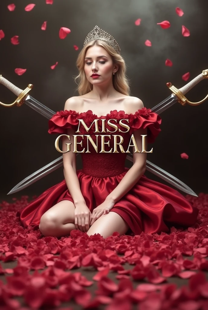 Put a title that says "Miss General", with two swords crossed behind the title, with petals of falling blood