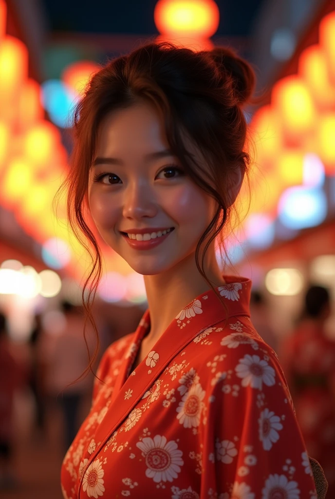 8k,Highest quality,(masterpiece:1.2),(Realistic),(Realistic:1.37),Ultra-high resolution,1 female college student,festival,night,smile,Beautiful Eyes,(((Cute Yukata))),Perfect body,Perfect Fingers,Professional Lighting,gravure,Detailed face and skin texture,fine grain,RAW Photos