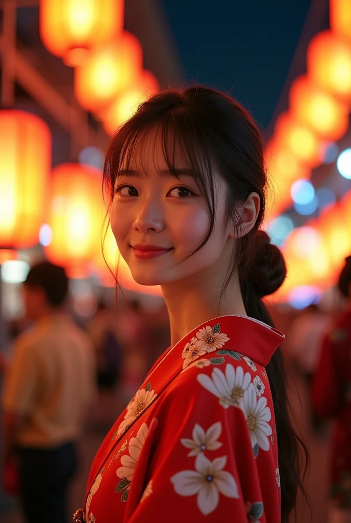 8k,Highest quality,(masterpiece:1.2),(Realistic),(Realistic:1.37),Ultra-high resolution,1 female college student,festival,night,smile,Beautiful Eyes,(((Cute Yukata))),Perfect body,Perfect Fingers,Professional Lighting,gravure,Detailed face and skin texture,fine grain,RAW Photos