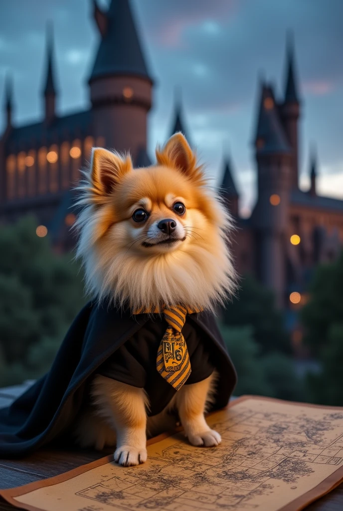 Beige German Spitz dog wearing black cape and Hufflepuff house uniform sitting next to Marauder's Map with Hogwarts Castle in the background