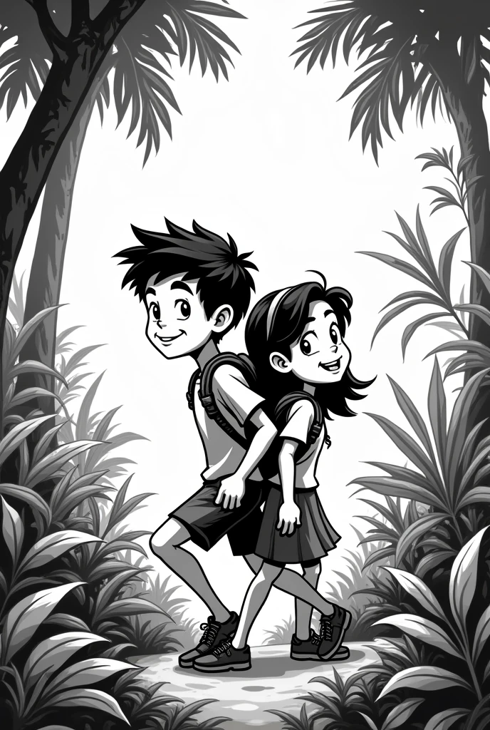 Make the cover of a comic to paint adventures in the jungle with two Bolivian explorer children, the same but to paint and only a boy and a girl in black and white caricature to paint the same ones walking back to back don&#39;t change me of children walking through the jungle
