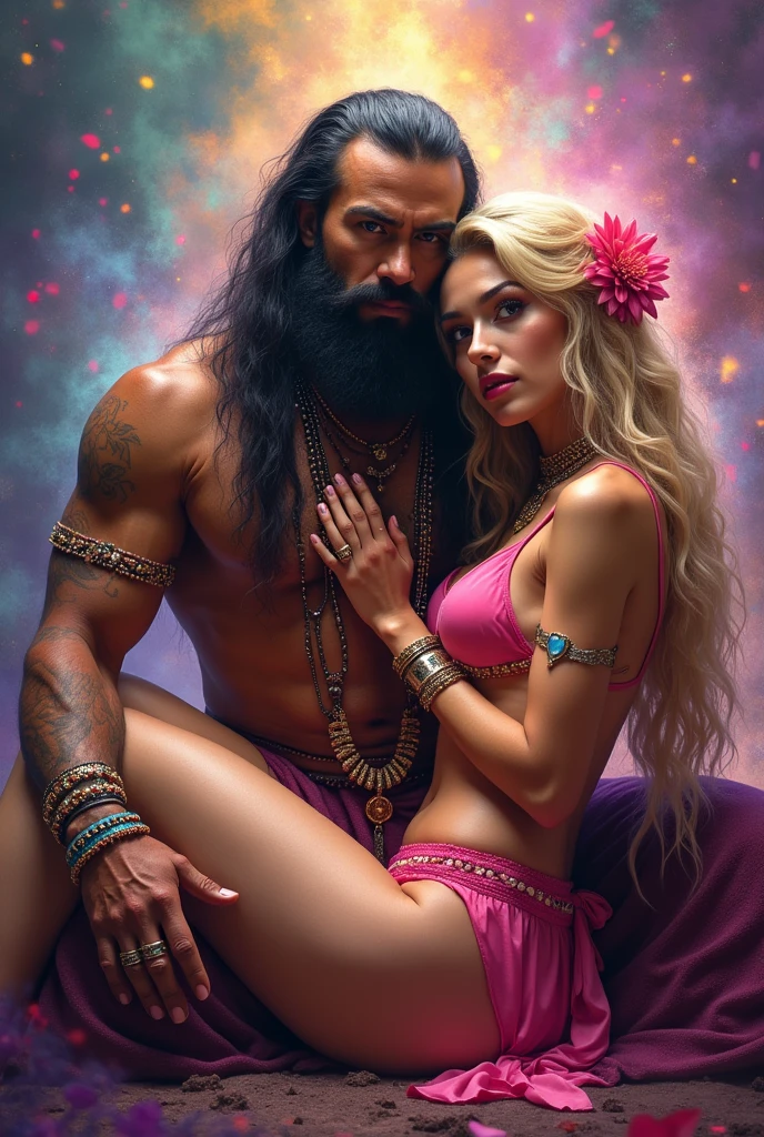 Sacred rebels, an extremely attractive couple. Dark bearded handsome bald shaman man with muscular upper body bare. Blonde fairie-like bimbo girl, dressed in flirtatious pink skimpy underwear, perky big breasts, plenty of cleavage, hourglass body. Lots of hippie style jewelry. She is sitting in his lap, touching him sensually, facing the camera, looking into the camera. General tone of picture is vivid colors, dreamlike, psychedelic.