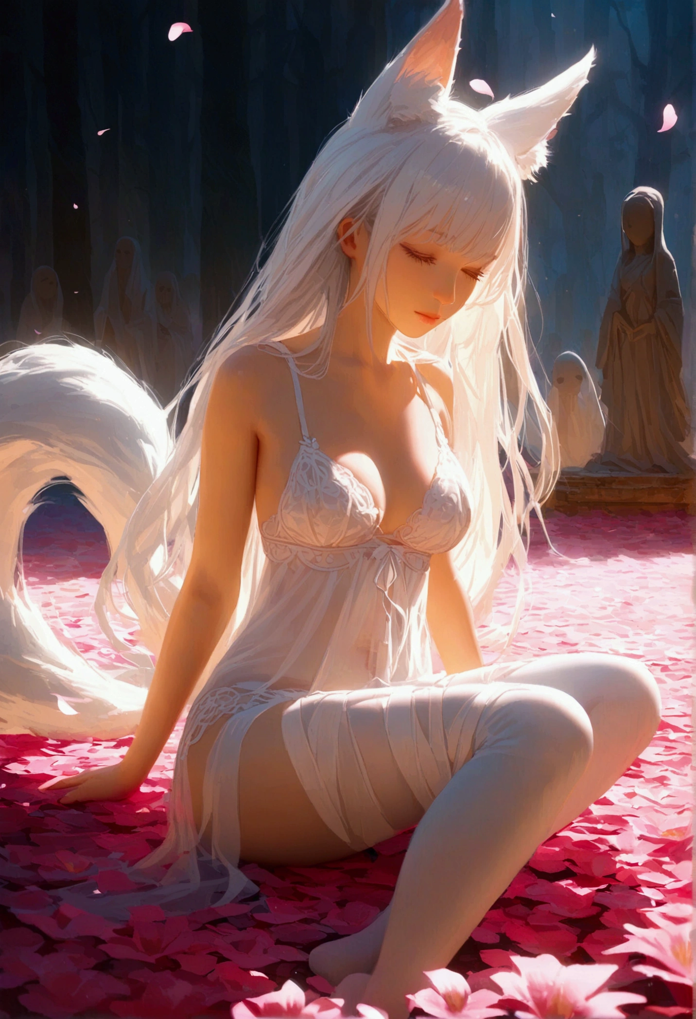 Kitsune with long white hair, ethereal lingerie, resting on a bed of flower petals, dreamlike setting, tails wrapping delicately around her body, otherworldly glow, ghostly figure, soft twilight, mystical ambiance, serene expression, cinematic, ultra-highly detailed, 8k, photorealistic, fantasy art, intricate lighting, glowing
atmosphere.